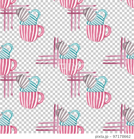 A set of striped mugs on a tablecloth. Seamless watercolor pattern. Ideal for the design of your kitchen, dining room A set of striped mugs on a tablecloth. Seamless watercolor pattern. Ideal for the design of your kitchen, dining room 97178662