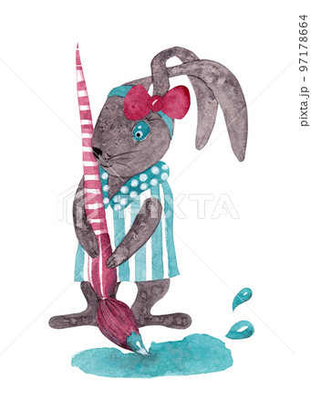 The black hare paints with a brush. Isolated watercolor illustration of a funny rabbit. Ideal for decorating textiles, wallpaper and accessories in a child's room The black hare paints with a brush. Isolated watercolor illustration of a funny rabbit. Ideal for decorating textiles, wallpaper and accessories in a child's room 97178664