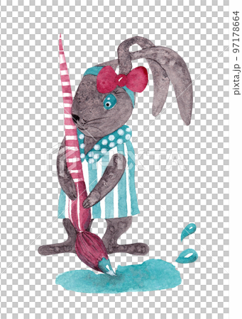 The black hare paints with a brush. Isolated watercolor illustration of a funny rabbit. Ideal for decorating textiles, wallpaper and accessories in a child's room The black hare paints with a brush. Isolated watercolor illustration of a funny rabbit. Ideal for decorating textiles, wallpaper and accessories in a child's room 97178664