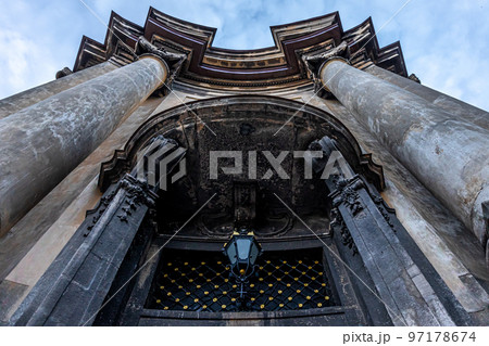 Ancient cathedral, bottom view, part of an architectural building. Ancient cathedral, bottom view, part of an architectural building. 97178674