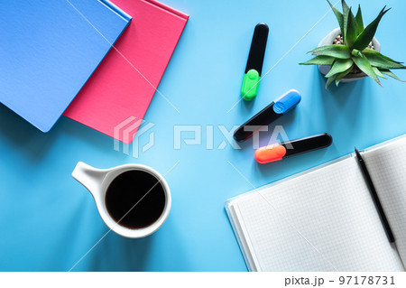 Flat lay with stationery items, pupil and student workplace concept. 97178731