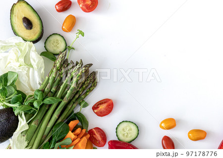 Flat lay, vegetables on white background, food and diet concept. 97178776