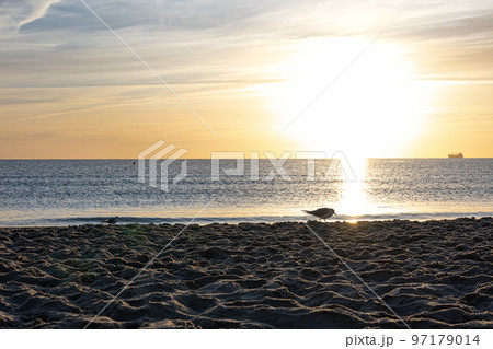 Sea embankment at sunset with a clear cloudless sky. 97179014