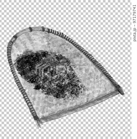 水墨画風に描いた古来の農具 箕と蕎麦殻 モノトーン 白バック 透過背景 97179741