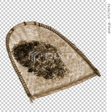 水彩で描いた古来の農具 箕と蕎麦殻 セピアトーン 白バック 透過背景 97179742