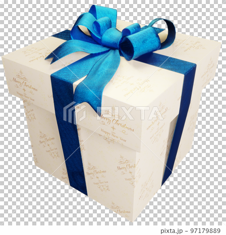 Christmas present of typography striped present with blue ribbon 97179889