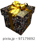 Christmas present of black and snow striped present with golden ribbon 97179892