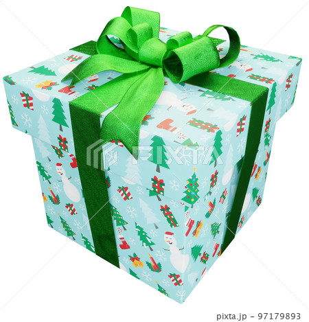 Christmas present of Christmas decors striped present with green ribbon 97179893