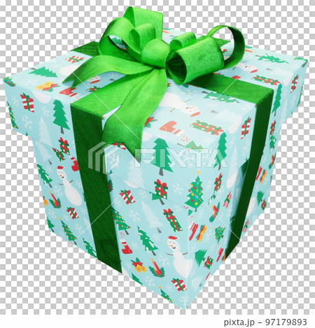Christmas present of Christmas decors striped present with green ribbon 97179893