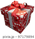 Christmas present of star striped present with green ribbon 97179894
