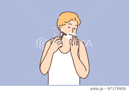 Smiling man shaving with razor 97179908