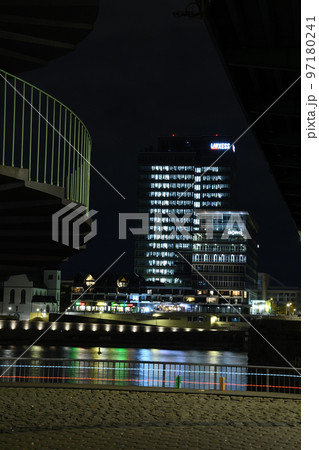 Lanxess headquarters over the Rhine and the Deutzer Bridge in Cologne, Germany 97180241