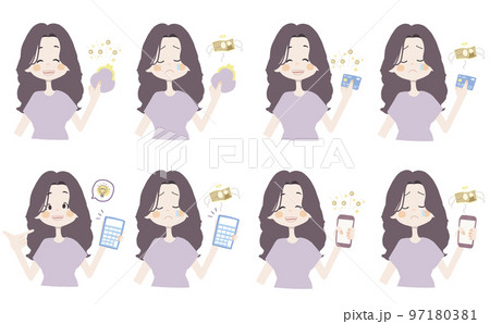 【お金イラスト/お財布、カード、電卓、スマホを持っている女の子】表情とポーズのバリエーションセット 【お金イラスト/お財布、カード、電卓、スマホを持っている女の子】表情とポーズのバリエーションセット 97180381