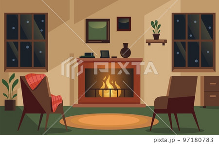 Fireplace room interior. Cozy home place with burning stove traditional furniture decorative stuff, warm winter season leisure concept. Vector illustration 97180783