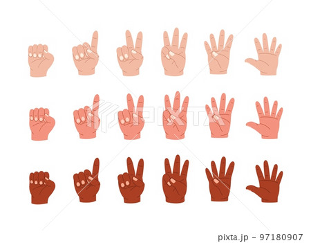 Hands count. Cartoon multiracial human palm gestures showing numbers by fingers, math study sign language concept flat style, Vector isolated set 97180907