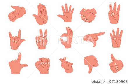 Hand gestures. Human palms and wrist showing emotions and signs, arm poses pointing fingers forefinger thumb up sign language icons. Vector cartoon set 97180908