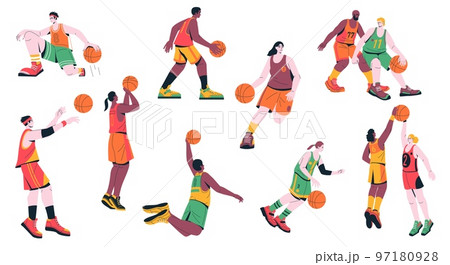 Basketball players. Cartoon male and female characters playing sport game dribbling jumping throwing ball in basket, athletes in dynamic pose. Vector set 97180928