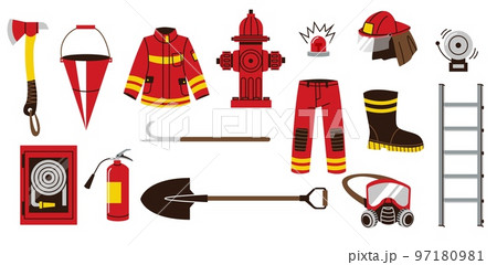 Fire fighting equipment. Cartoon fireman tools doodle flat style, firefighter icons axe bucket hose hydrant helmet safety concept. Vector isolated set 97180981