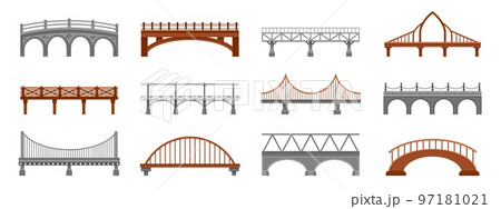 Bridge collection. Railway span iron wooden metal concrete stone footbridge, city industrial architectural construction cartoon flat style. Vector isolated set 97181021