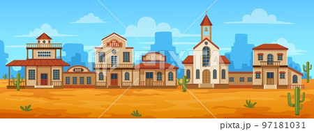 Western town street. Cartoon wild west landscape with old wooden buildings, rural city scene with bank hotel cowboy saloon houses. Vector illustration 97181031