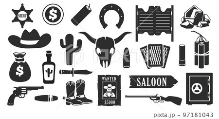 Wild west logo. Western american cowboy badges with cactus horse lasso By  Tartila
