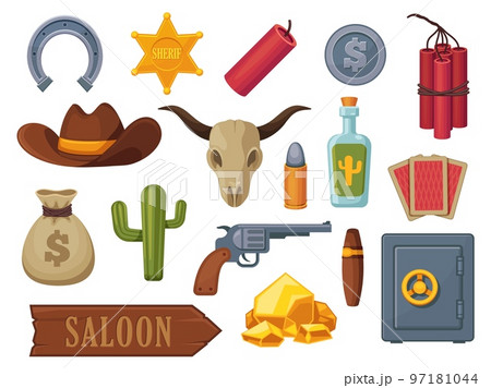 Cartoon wild west icons. Cowboy cactus rodeo saddle lasso guitar snake tequila horseshoe flat style, flat western elements. Vector colorful set 97181044