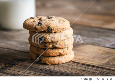 Chocolate chip cookies close up on a wooden background. 97181318