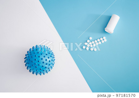 Flat lay, virus ball, disease and infection concept. Flat lay, virus ball, disease and infection concept. 97181570