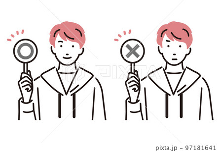 人物 丸とバツの札を持つ大学生の男子 97181641