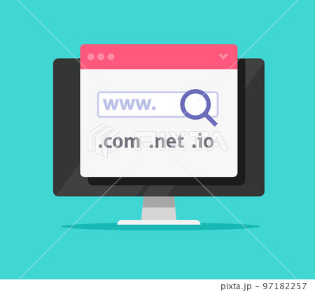 Domain name search find icon vector or web server registration on hosting buy on computer pc internet site page flat cartoon graphic illustration image 97182257