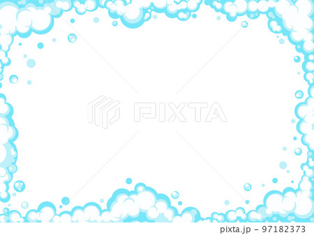 Soapy foam with bubbles. Frame of cartoon shampoo and shaving mousse foam suds. Clouds border. Vector illustration 97182373