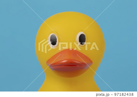 Muzzle yellow rubber duck for swimming on a blue background. 97182438
