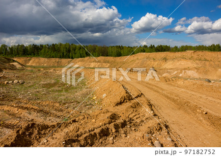 Landscape overlooking a sand quarry, sandpit Landscape overlooking a sand quarry, sandpit 97182752
