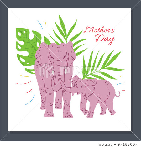 Mothers day banner or card with elephants family flat vector illustration. 97183007
