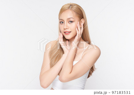 Beautiful young asian woman with clean fresh skin on white background, Face care, Facial treatment, Cosmetology, beauty and spa, Asian women portrait. 97183531