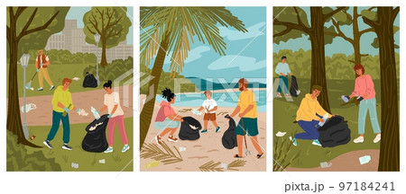Volunteers collecting garbage into bags on beach and park. People clean environment concept vector illustration. Planet pollution, save nature posters set 97184241