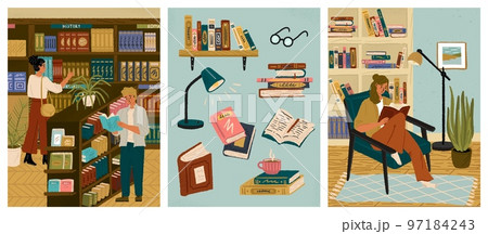 People in book store or library concept vector set. Woman sitting in chair and red book. Hand drawn illustration. Pile of books, library or bookstore interior 97184243