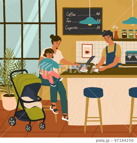Busy mother with child works in cafe. Woman holding her baby and working on computer. Working mom concept vector poster. Maternity and career 97184250