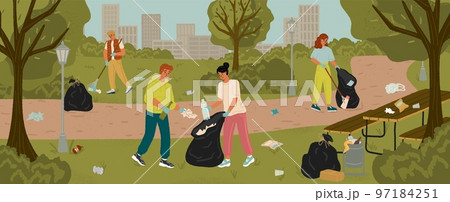 Volunteers collecting garbage into bags in city park. People clean environment concept vector illustration 97184251