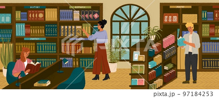 People looking for books in library. Students study and reading books in public library. Concept vector illustration. Men and women surrounded by shelves and racks with books People looking for books in library. Students study and reading books in public library. Concept vector illustration. Men and women surrounded by shelves and racks with books 97184253