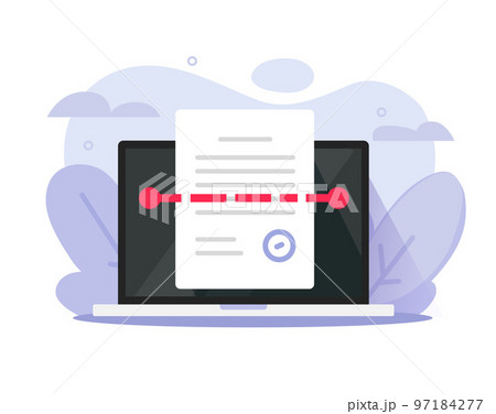 Recognize scan text file document on computer laptop vector icon or scanning business doc on pc screen flat cartoon graphic illustration, cyber authenticity or identity check image 97184277
