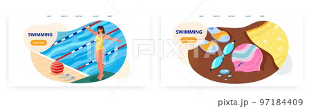 Swimming landing page design, website banner vector template set. Swimming pool water sport, high dive race competition. 97184409