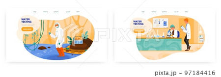 Water testing landing page design, website banner vector template set. Water quality, purity test and analysis in lab. 97184416