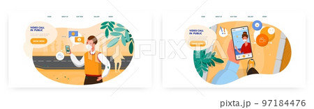 Long distance communication landing page design, website banner vector templates. Couple video calling in public places. 97184476