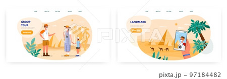 Guide tour landing page design, website banner vector template set. Tourists on excursion to Egyptian pyramids. Travel. 97184482