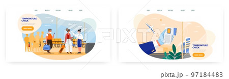 Airport temperature check, landing page design, website banner vector template set. Covid-19 spread prevention measure. 97184483
