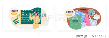 English lesson landing page design, website banner vector template. School teacher teaching English alphabet. education. English lesson landing page design, website banner vector template. School teacher teaching English alphabet. education. 97184495