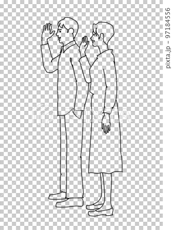 Men and women waving their hands in profile Monochrome line drawing 97184556