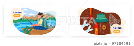 Fishing landing page design, website banner vector template set. Fisherman in boat with rod. Outdoor activity, hobby. 97184591
