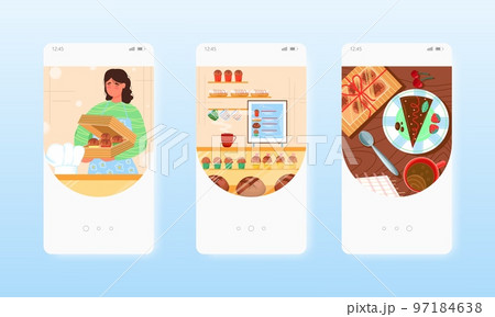 Confectioner Baker selling cakes, sweet pastry. Mobile app screens, vector website banner template. UI, web site design. Confectioner Baker selling cakes, sweet pastry. Mobile app screens, vector website banner template. UI, web site design. 97184638